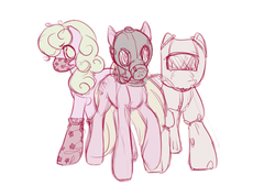 Size: 500x338 | Tagged: safe, artist:noel, daisy, flower wishes, lily, lily valley, roseluck, earth pony, pony, ask the flower girls, g4, ask, female, flower trio, gas mask, hazmat suit, mare, mask, no pupils, simple background, tumblr, white background