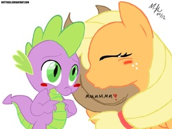 Size: 800x600 | Tagged: safe, artist:makoruu, applejack, spike, dragon, earth pony, pony, g4, blushing, female, imminent kissing, male, mare, ship:applespike, shipping, simple background, straight, white background