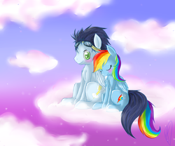 Size: 2400x2000 | Tagged: safe, artist:sweetscribblez, rainbow dash, soarin', pegasus, pony, g4, blushing, cloud, colored pupils, cuddling, cute, eyes closed, female, goggles, high res, male, mare, ship:soarindash, shipping, sitting, smiling, snuggling, stallion, straight