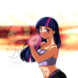 Size: 900x900 | Tagged: safe, artist:turtlesea, twilight sparkle, human, g4, abstract background, belly button, female, humanized, midriff, solo