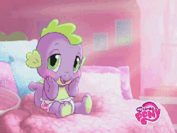 Size: 640x480 | Tagged: safe, screencap, spike, dragon, g4, official, animated, baby, baby dragon, baby spike, blushing, commercial, cute, daaaaaaaaaaaw, diaper, frame by frame, gif, logo, male, my little pony logo, pony wedding, sitting, so soft, solo, spikabetes