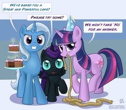 Size: 1100x962 | Tagged: safe, artist:gsphere, trixie, twilight sparkle, oc, oc:nyx, alicorn, pony, unicorn, fanfic:past sins, g4, alicorn oc, cake, candle, dialogue, female, filly, happy birthday, hat, looking at you, mare, mouth hold, party hat, rope, trio
