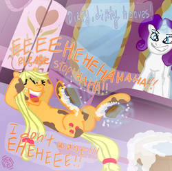 Size: 780x778 | Tagged: safe, artist:rgevskiy, applejack, rarity, earth pony, pony, unicorn, g4, bathing, butt, carousel boutique, dialogue, dirty, female, fetish, grin, hoof fetish, hoof tickling, hooves, laughing, mare, on back, plot, scrubbing, smiling, tickling