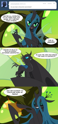 Size: 850x1820 | Tagged: safe, artist:tarajenkins, queen chrysalis, oc, oc:squish, changeling, changeling queen, cupidite, g4, comic, duo, female, male, micro, punishment, squish