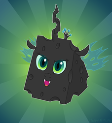 Size: 1000x1100 | Tagged: safe, artist:hoppip, queen chrysalis, g4, abstract background, adorawat, cheese, cheeseling, cute, cutealis, disguise, disguised changeling, fangs, female, glare, horn, looking at you, open mouth, queen swissalis, smiling