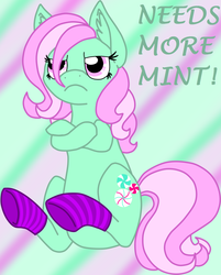 Size: 900x1117 | Tagged: artist needed, safe, minty, earth pony, pony, g3, g4, abstract background, clothes, crossed hooves, female, frown, g3 to g4, generation leap, mare, sitting, socks, solo, striped socks, unamused