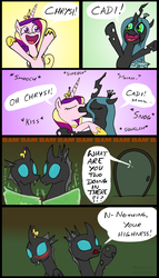 Size: 500x872 | Tagged: safe, artist:haretrinity, princess cadance, queen chrysalis, alicorn, changeling, changeling queen, pony, g4, blushing, caught, comic, dialogue, disguise, disguised changeling, door, female, kiss on the lips, kissing, lesbian, making out, male, mare, roleplaying, shapeshifting, ship:cadalis, shipping, speech bubble, straight, transformation