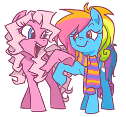 Size: 857x800 | Tagged: safe, artist:needsmoarg4, pinkie pie (g3), rainbow dash (g3), earth pony, pegasus, pony, g3, g4, clothes, duo, duo female, female, g3 to g4, generation leap, mare, rainbow dash always dresses in style, scarf, simple background, white background