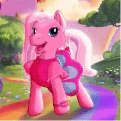 Size: 360x360 | Tagged: safe, screencap, pinkie pie (g3), earth pony, pony, g3, official, animated, bracelet, butt shake, clothes, commercial, cute, female, frame by frame, g3betes, gif, jewelry, looking at you, mare, open mouth, rainbow, shirt, skirt, smiling, solo, standing, tail bow, zoom