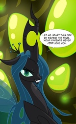 Size: 462x747 | Tagged: safe, artist:tarajenkins, queen chrysalis, changeling, changeling queen, cupidite, g4, female, solo, speech bubble