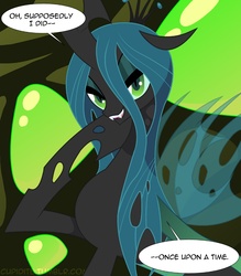 Size: 1191x1362 | Tagged: safe, artist:tarajenkins, queen chrysalis, changeling, changeling queen, cupidite, g4, female, grin, smiling, solo, speech bubble