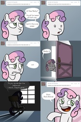 Size: 1280x1917 | Tagged: safe, artist:lemondevil, rarity, sweetie belle, pony, unicorn, biporarity, g4, ask, duo, duo female, female, filly, mare, rocking chair, sitting, worried