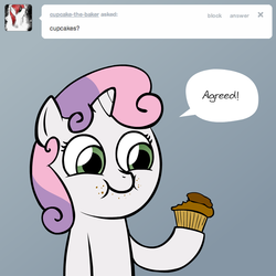 Size: 1160x1160 | Tagged: safe, artist:lemondevil, sweetie belle, pony, unicorn, biporarity, g4, ask, bipedal, crumbs, cupcake, eating, female, filly, food, solo