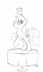 Size: 768x1280 | Tagged: safe, artist:mew, berry punch, berryshine, earth pony, pony, g4, balancing, female, glass, glass of water, grin, looking up, mare, monochrome, on table, rearing, smiling, solo, table