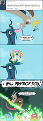 Size: 500x1391 | Tagged: safe, artist:peachiekeenie, discord, queen chrysalis, bushwoolie, changeling, changeling queen, draconequus, discorderlyconduct, g4, 3 panel comic, ask, comic, crown, discord using contractions, female, fire, jewelry, kismesis, regalia, speech bubble, tumblr