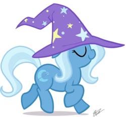 Size: 842x781 | Tagged: safe, artist:egophiliac, trixie, pony, unicorn, g4, clothes, cute, eyes closed, female, filly, filly trixie, foal, hat, simple background, smiling, solo, transparent background, trixie's hat, walking, younger