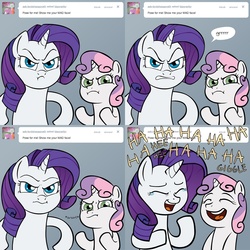 Size: 1280x1280 | Tagged: safe, artist:lemondevil, rarity, sweetie belle, pony, unicorn, biporarity, g4, angry face, ask, duo, duo female, female, filly, laughing, mare