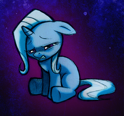 Size: 611x573 | Tagged: dead source, safe, artist:feyrah, trixie, pony, unicorn, g4, blank flank, crying, female, filly, floppy ears, frown, gritted teeth, looking down, sad, sitting, solo, the sad and depressive trixie, underhoof, younger