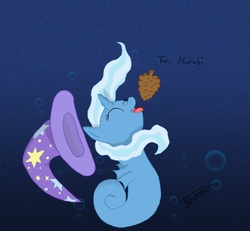 Size: 1280x1182 | Tagged: safe, artist:magiermacht, trixie, sea pony, seahorse, unicorn, g4, eyes closed, female, pinecone, solo, species swap, trixie eating pinecones, underwater