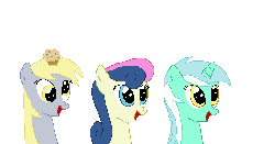 Size: 570x300 | Tagged: safe, artist:tomdantherock, bon bon, derpy hooves, lyra heartstrings, sweetie drops, earth pony, pegasus, pony, unicorn, g4, adorabon, animated, cute, derpabetes, female, gif, headbob, lyrabetes, mare, muffin, open mouth, simple background, transparent background, trio
