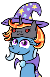 Size: 245x375 | Tagged: safe, artist:paper-pony, trixie, oc, oc:incendia, pony, unicorn, fanfic:antipodes, g4, :3, chibi, clothes, cute, female, hat, looking at you, mare, robe, simple background, smiling, transparent background