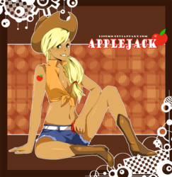 Size: 746x768 | Tagged: safe, artist:lisemo, applejack, human, g4, abstract background, applejack's hat, belly button, boots, breasts, busty applejack, cowboy boots, cowboy hat, female, hat, humanized, midriff, sitting, solo