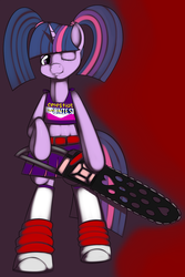 Size: 900x1350 | Tagged: safe, artist:kloudmutt, twilight sparkle, pony, unicorn, semi-anthro, g4, bipedal, chainsaw, clothes, female, gradient background, grin, juliet starling, lollipop chainsaw, one eye closed, pigtails, skirt, socks, solo, suda51