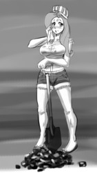 Size: 844x1500 | Tagged: safe, artist:mew, fluttershy, human, g4, mmmystery on the friendship express, breasts, busty fluttershy, coal, engineer, female, flats, humanized, monochrome, shovel, solo, stoker, train conductor