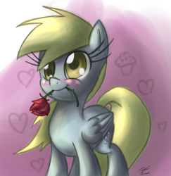 Size: 2083x2142 | Tagged: safe, artist:leadhooves, derpy hooves, pegasus, pony, g4, cute, derpabetes, female, flower, flower in mouth, high res, mare, mouth hold, rose, smiling, solo