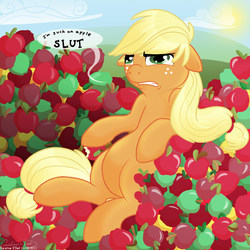 Size: 1000x1000 | Tagged: dead source, safe, artist:thatdumbwolf, applejack, earth pony, pony, g4, apple, female, floppy ears, hatless, mare, missing accessory, on back, pile, slut, solo, that pony sure does love apples