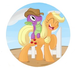 Size: 510x462 | Tagged: safe, artist:nikkuwalkanov, applejack, spike, dragon, earth pony, pony, g4, age difference, baby, baby dragon, cute, dragons riding ponies, duo, duo male and female, eyes closed, female, fence, jackabetes, male, mare, raised hoof, riding, ship:applespike, shipping, smiling, spikabetes, spike riding applejack, spikelove, straight