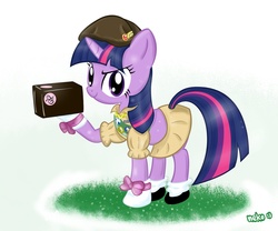 Size: 1200x1000 | Tagged: safe, artist:mcsadat, twilight sparkle, pony, unicorn, g4, beret, box, clothes, female, filly guides, hat, mare, midriff, scout uniform, skirt, smiling, solo, unicorn twilight, uniform, working