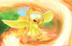 Size: 3133x2000 | Tagged: dead source, safe, artist:sonicrainboom93, spitfire, pegasus, pony, g4, female, fire, glowing eyes, high res, mare, open mouth, raised hoof, solo, spitfiery, spread wings, wings