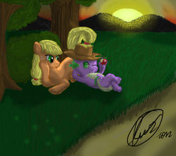 Size: 900x800 | Tagged: safe, artist:texek, applejack, spike, dragon, earth pony, pony, g4, apple, female, food, grass, male, mare, on back, prone, ship:applespike, shipping, straight, sunset, tree
