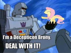 Size: 960x721 | Tagged: safe, fluttershy, pegasus, pony, g4, brony, deal with it, eyes closed, female, image macro, in goliath's palm, mare, megatron, roflbot, transformers