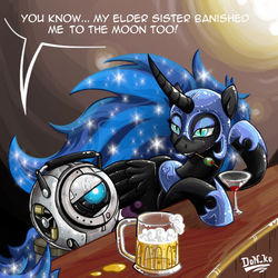 Size: 600x600 | Tagged: safe, artist:don-ko, nightmare moon, alicorn, pony, g4, alcohol, bar, beer, cocktail glass, conversation, crossover, curved horn, duo, female, food, horn, mare, personality core, portal (valve), wheatley
