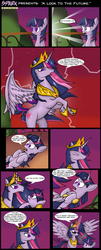 Size: 1717x4247 | Tagged: safe, artist:zsparkonequus, twilight sparkle, alicorn, pony, unicorn, g4, balcony, bellyrubs, comic, cross-eyed, crown, dialogue, doubly hilarious in hindsight, female, frown, future me scares me, glare, glowing, glowing horn, golden oaks library, gun, hilarious in hindsight, horn, implied murder, jewelry, lightning, magic, magic aura, mare, older, older twilight, on back, open mouth, pistol, rearing, regalia, self ponidox, smiling, speech bubble, spread wings, sunglasses, telekinesis, text, time paradox, time travel, twilight sparkle (alicorn), tyrant sparkle, ultimate twilight, unicorn twilight, weapon, wide eyes