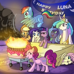 Size: 1500x1500 | Tagged: safe, artist:madmax, applejack, fluttershy, pinkie pie, princess celestia, princess luna, rainbow dash, rarity, twilight sparkle, alicorn, earth pony, pegasus, pony, unicorn, g4, banner, birthday, birthday cake, cake, candle, eyes closed, female, fire, glare, gritted teeth, hiding, mare, mouth hold, on fire, open mouth, s1 luna, smiling, smoke, this will end in fire, wink