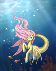 Size: 1573x2000 | Tagged: safe, artist:nyarmarr, fluttershy, fish, hippocampus, merpony, g4, bubble, crepuscular rays, female, solo, species swap, underwater, watershy