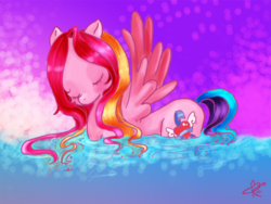 Size: 800x600 | Tagged: safe, artist:cloverminto, twilight pink, pegasus, pony, g3, g4, eyes closed, female, g3 to g4, generation leap, mare, solo, spread wings, water, wings