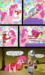 Size: 800x1336 | Tagged: safe, artist:omny87, pinkie pie, zecora, earth pony, pony, zebra, g4, abstract background, cake, candy, comic, duo, duo female, eating, female, ice cream, ice cream cone, impossibly long tongue, lollipop, magazine, mare, reading, slice of life, when she doesn't rhyme