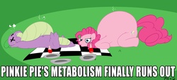 Size: 1000x452 | Tagged: artist needed, safe, pinkie pie, spike, dragon, earth pony, pony, g4, anatomically incorrect, caption, fat, fat spike, female, hilarious in hindsight, image macro, incorrect leg anatomy, male, mare, morbidly obese, obese, on back, picnic, piggy pie, prone, pudgy pie, x eyes