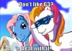 Size: 500x360 | Tagged: safe, edit, edited screencap, screencap, piccolo, sunny daze (g3), earth pony, pony, a very minty christmas, g3, cute, deal with it, diacolo, duo, duo female, female, g3 dazeabetes, image macro, mare, sunglasses
