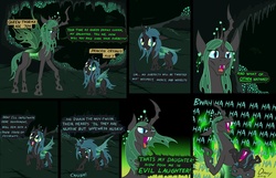 Size: 1950x1257 | Tagged: safe, artist:omny87, queen chrysalis, oc, oc:queen thorax, changeling, changeling queen, nymph, g4, changeling queen oc, comic, cute, cutealis, duo, duo female, evil laugh, eyes closed, fangs, female, filly, glare, green changeling, hilarious in hindsight, laughing, mother and daughter, open mouth, parent, raised hoof, slice of life, smiling, smirk, stomping, young, younger