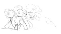 Size: 1600x900 | Tagged: safe, artist:envy, fluttershy, pinkie pie, earth pony, pegasus, pony, g4, bump, duo, duo female, fat, fattershy, female, mare, monochrome, obese, sketch, stuck, tripping