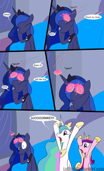 Size: 800x1315 | Tagged: safe, artist:loceri, princess cadance, princess celestia, princess luna, alicorn, pony, g4, :o, alicorn triarchy, cheering, comic, couch, dialogue, donut, eyes closed, female, hoopla, horn, horn grab, mare, open mouth, prank, quoits, ring toss, sibling teasing, sillestia, sitting, sleeping, slice of life, waking up, wide eyes, zzz