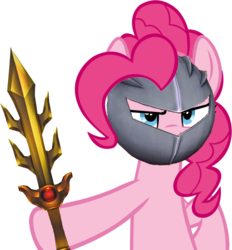 Size: 798x861 | Tagged: safe, pinkie pie, earth pony, pony, g4, female, galaxia, kirby (series), mare, mask, meta knight, simple background, solo, sword, transparent background, weapon