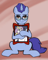 Size: 720x900 | Tagged: safe, artist:mew, pony, unicorn, princess molestia, g4, abstract background, framed picture, glasses, john joseco, looking at you, male, ponified, sitting, solo, stallion