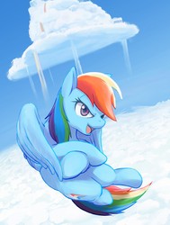 Size: 1280x1696 | Tagged: safe, artist:masak9, rainbow dash, pegasus, pony, g4, badass, cloud, cloudsdale, cloudy, cool, crossed hooves, female, flying, mare, rainbow, rainbow waterfall, sky, solo, spread wings, wings