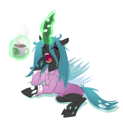 Size: 1000x1000 | Tagged: safe, artist:madmax, queen chrysalis, changeling, changeling queen, g4, clothes, coffee, drink, female, morning ponies, mug, nightgown, on side, simple background, solo, transparent background, yawn
